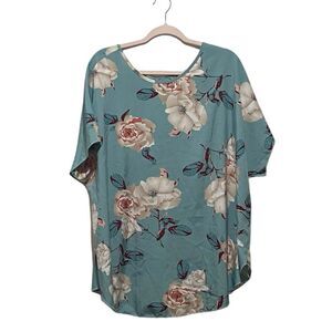 SHEIN Curve Light Blue Pink Floral Criss Cross Back Drop Shoulder Blouse